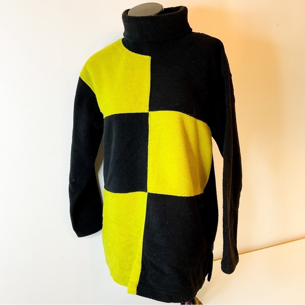 Vintage 90s Retro Patchwork Lime Green & Black Turtleneck Sweater